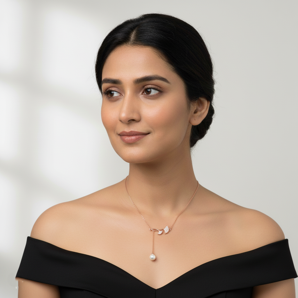 Entangled Leaf Rose Gold Pearl Drop Pendant Necklace | Rose Gold Plated SACH JEWELS