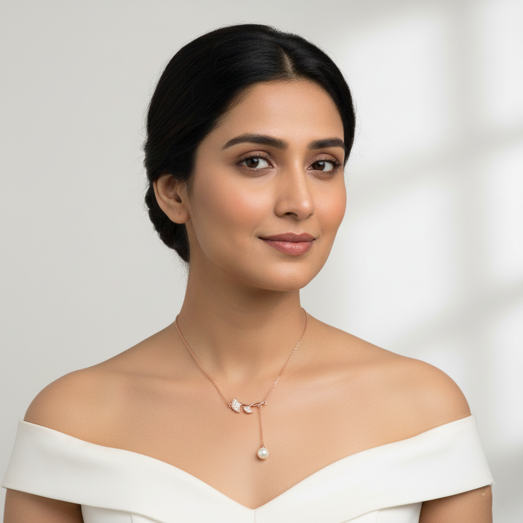 Entangled Leaf Rose Gold Pearl Drop Pendant Necklace | Rose Gold Plated SACH JEWELS