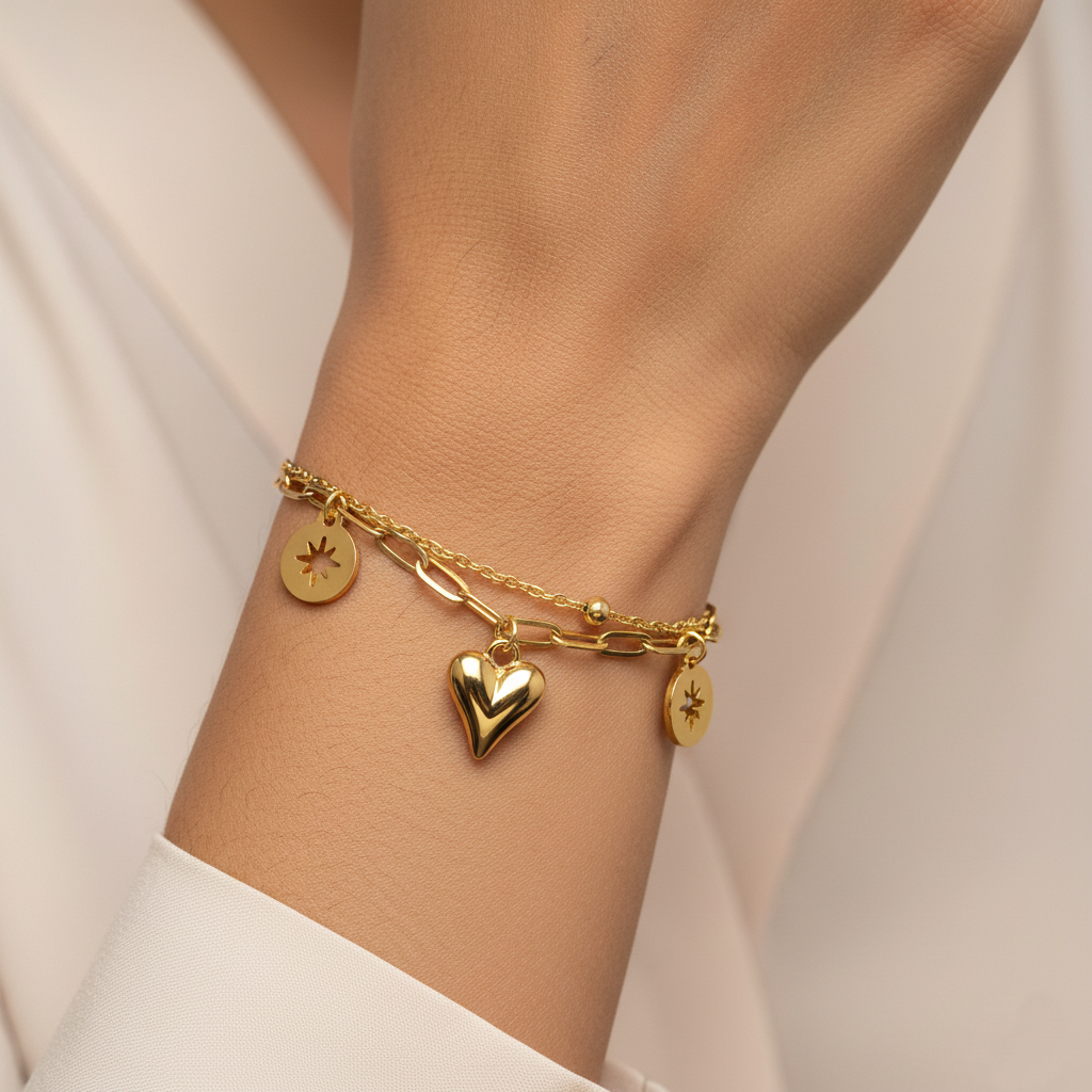 Celestial Heart Dual Chain Bracelet | Italian Gold Plated SACH JEWELS