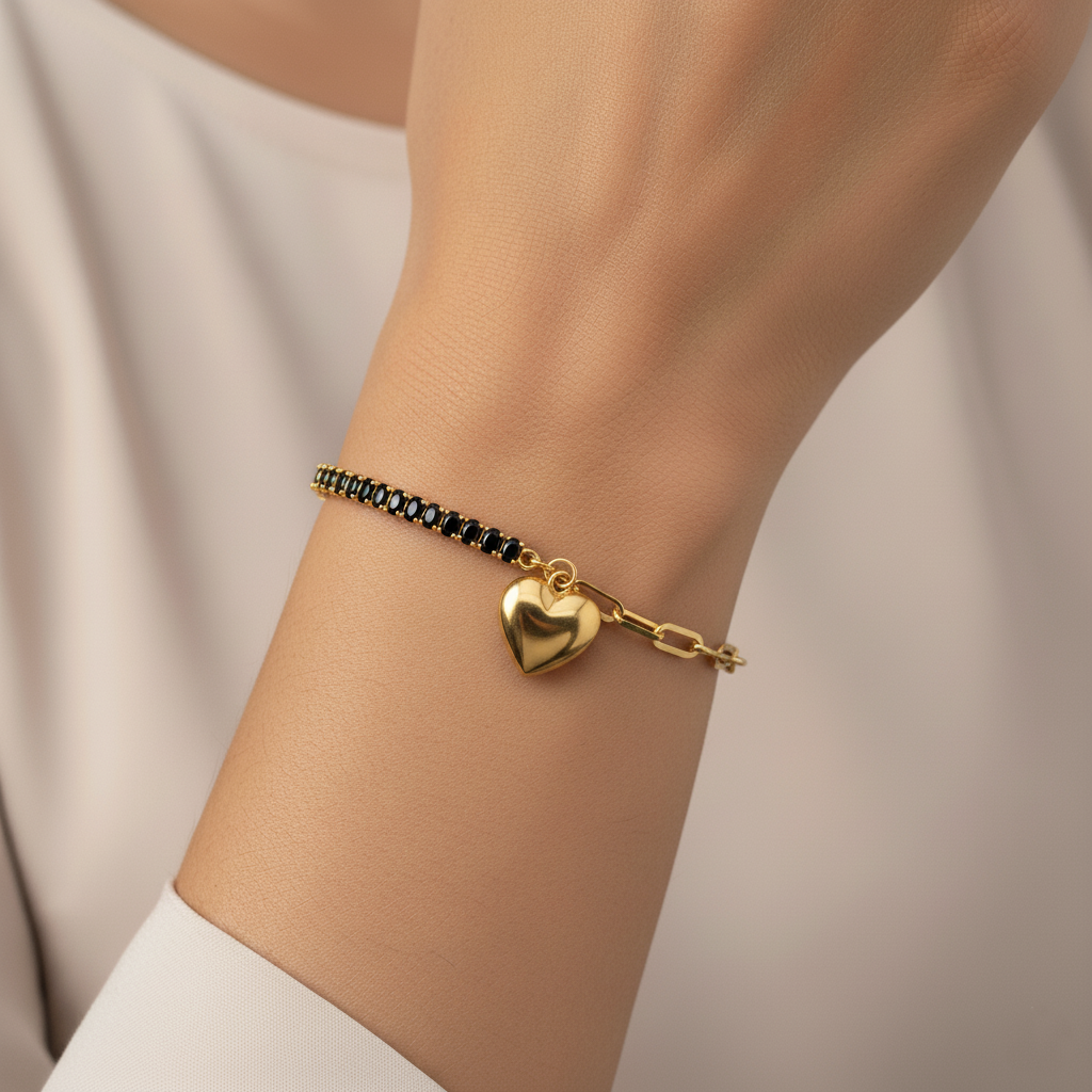 Black Onyx Charm Dual Chain Bracelet | Italian Gold Plated SACH JEWELS