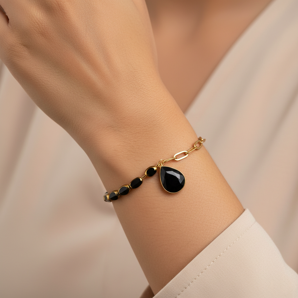 Black Onyx Dual Chain Charm Bracelet | Italian Gold Plated SACH JEWELS