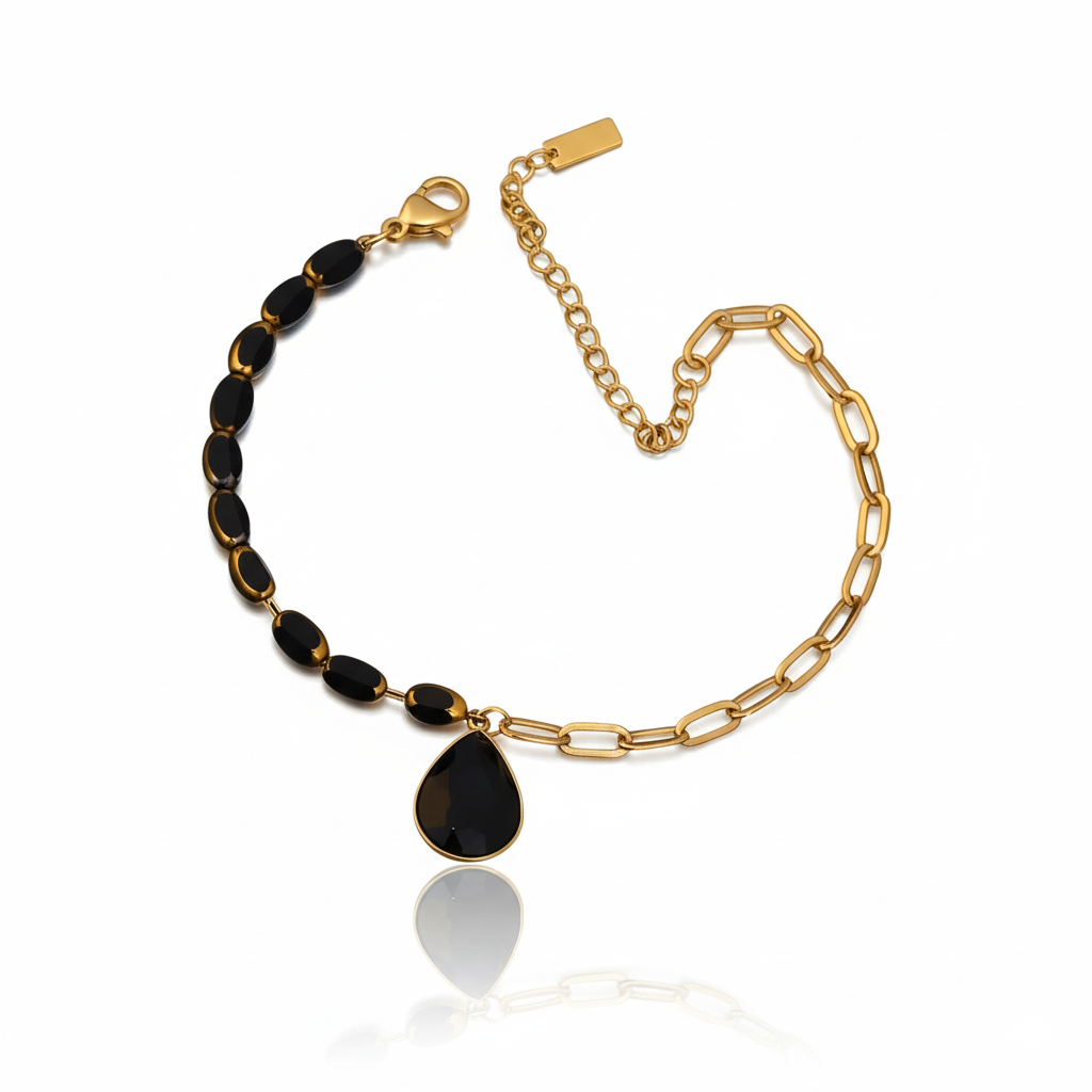 Black Onyx Dual Chain Charm Bracelet | Italian Gold Plated SACH JEWELS