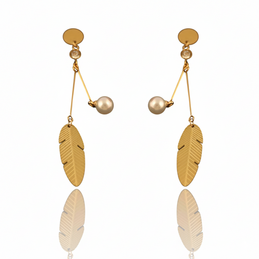 The Golden Feather Pearl Drop Earrings | Italian Gold Plated SACH JEWELS