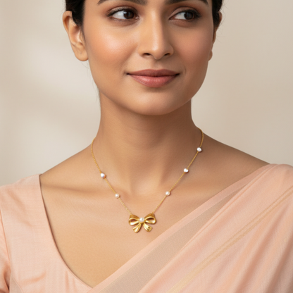 Golden Bow Pearl Pendant Necklace | Italian Gold Plated SACH JEWELS