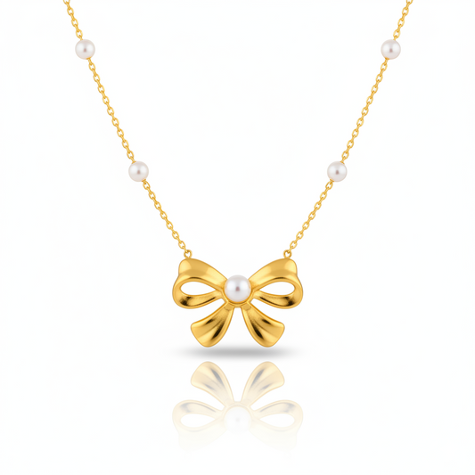 Golden Bow Pearl Pendant Necklace | Italian Gold Plated SACH JEWELS