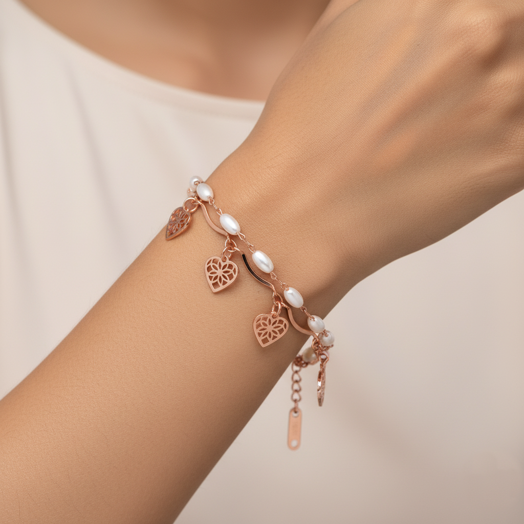 Pearl Heart Charm Bracelet | Rose Gold Plated SACH JEWELS
