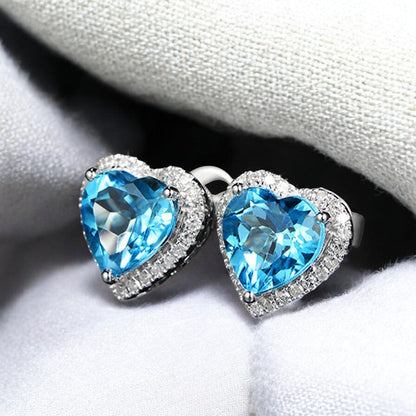 Ocean Blue Diamond Heart Stud Earrings | Italian Silver Plated - SACH JEWELS