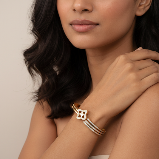 Gold Floral Cuff Bracelet with CZ Stones | Italian Gold Plated SACH JEWELS