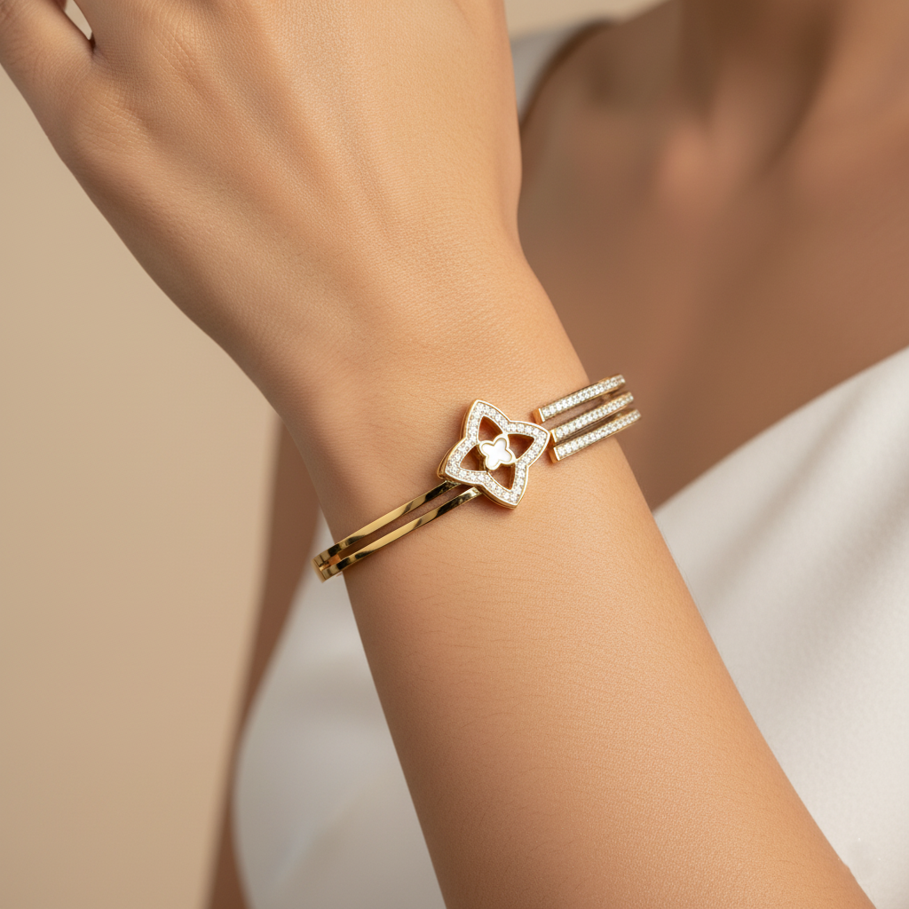 Gold Floral Cuff Bracelet with CZ Stones | Italian Gold Plated SACH JEWELS