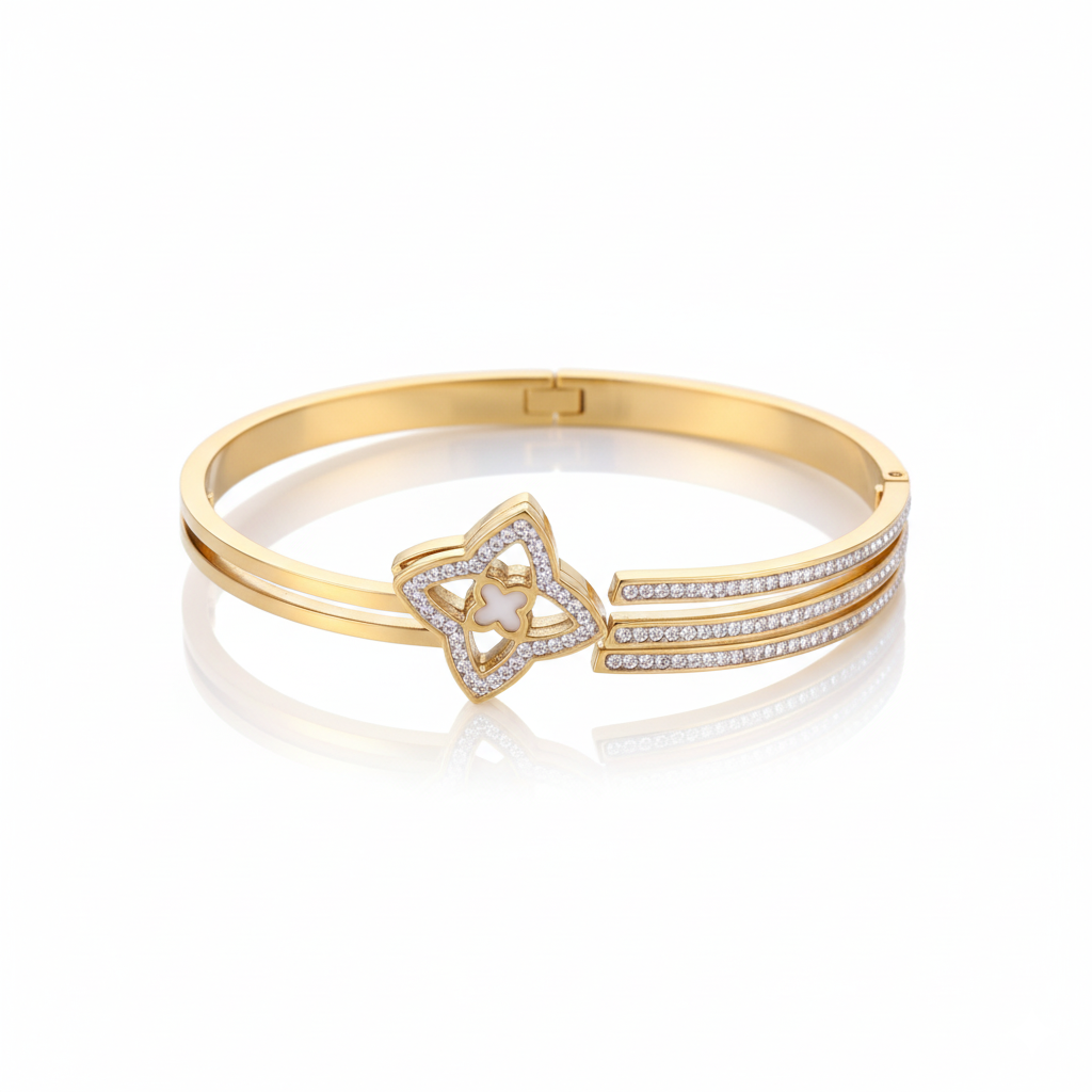 Gold Floral Cuff Bracelet with CZ Stones | Italian Gold Plated SACH JEWELS